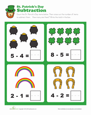 St. Paddy's Day subtraction worksheet designed for kindergarten students to practice math skills