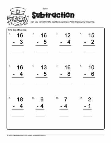 St. Paddy's Day subtraction worksheet for kindergarten students featuring leprechauns and shamrocks