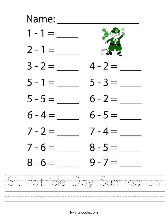 St. Paddy's Day subtraction worksheet for kindergarten students celebrating with leprechauns