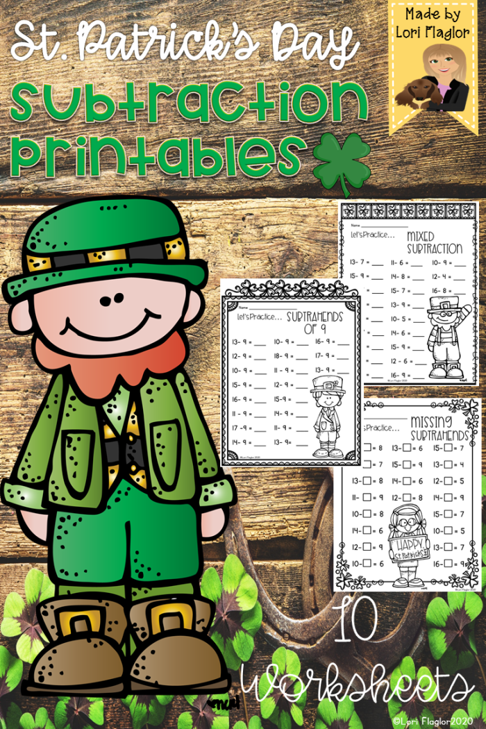 St. Paddy's Day subtraction worksheet for kindergarten students featuring playful leprechauns