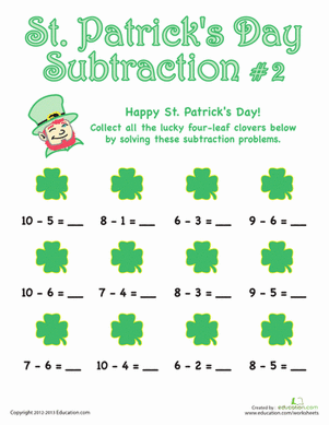 St. Paddy's Day subtraction worksheet designed for kindergarten students to practice math skills
