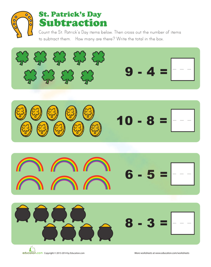 Colorful St. Paddy's Day subtraction worksheet designed for kindergarten students