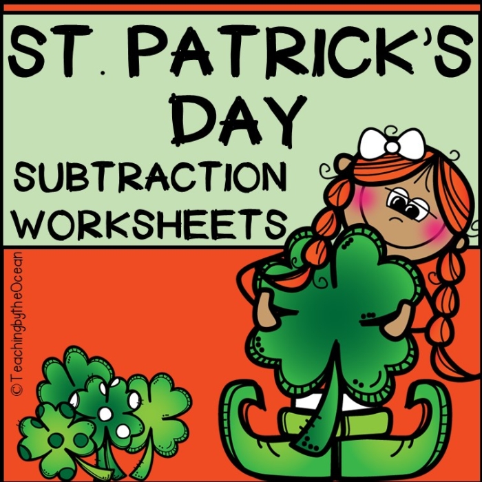 St. Paddy's Day subtraction worksheet for kindergarten students featuring leprechauns and shamrocks