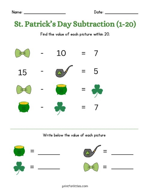 St. Paddy's Day subtraction worksheet for kindergarteners featuring playful leprechauns