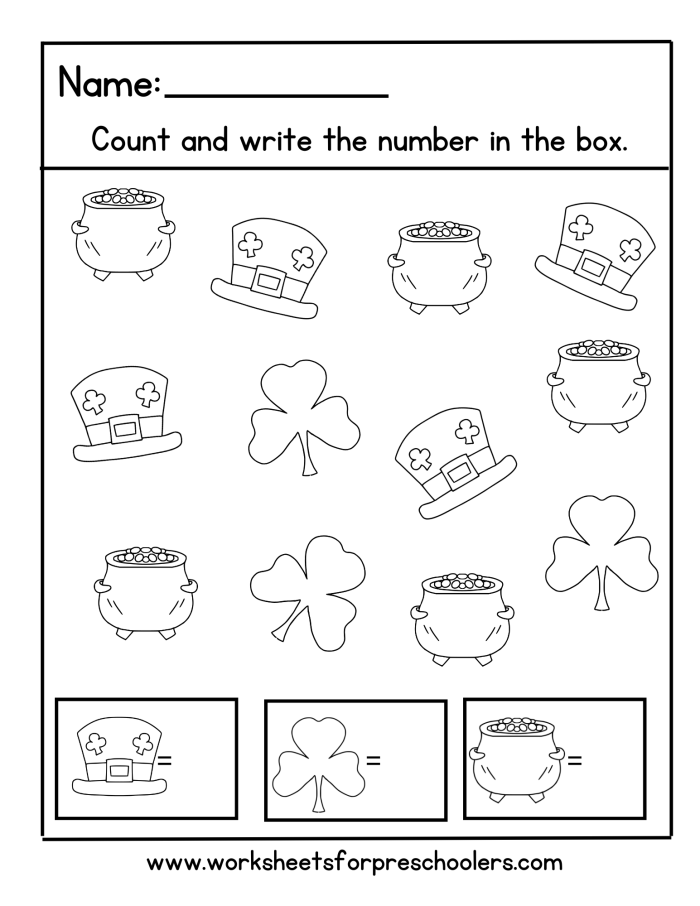 Fun St. Paddy's Counting Activity for Kids - Worksheet Image 10 Counting leprechauns on a St. Paddy's Day themed worksheet for kindergarten students