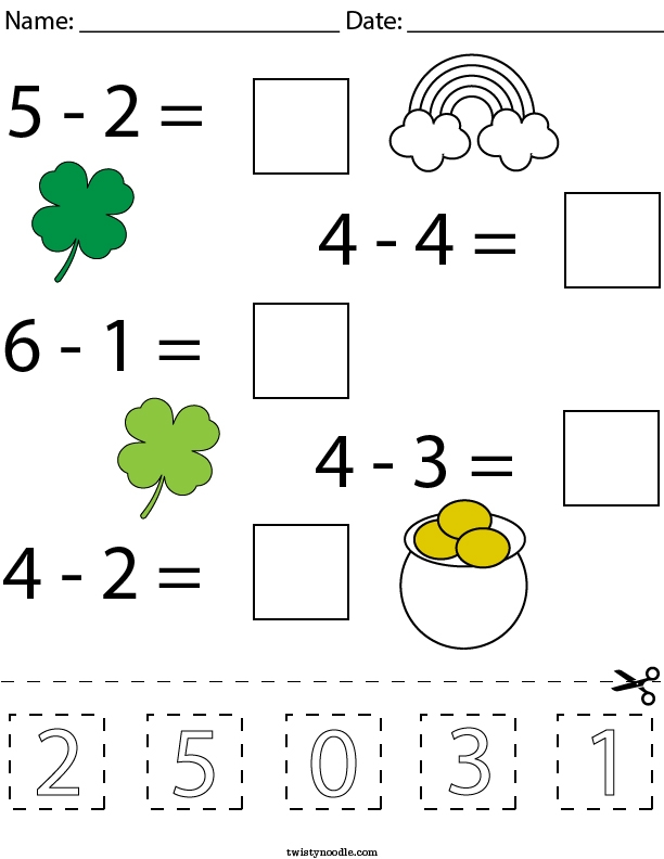 St. Paddy's Subtraction Practice with Lucky Shamrocks for Young Learners Kindergarten math worksheet showing shamrock subtraction problems for St. Patrick's Day learning activities