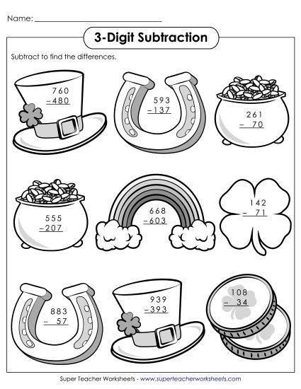 St. Paddy's Subtraction Practice Activity for Young Learners Kindergarten students solving shamrock subtraction problems with St. Patrick's Day themed graphics