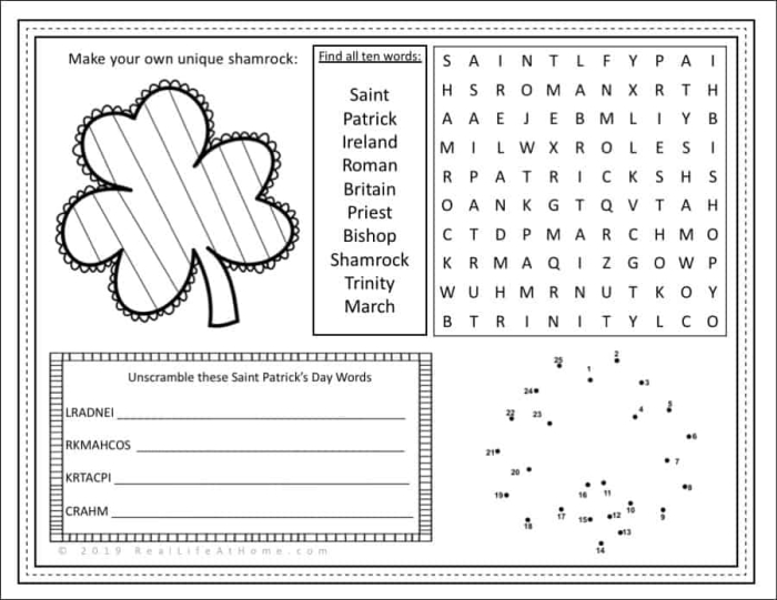 First grade St. Patrick's Day activity worksheet featuring a maze puzzle, Irish flag coloring section and funny jokes for kids
