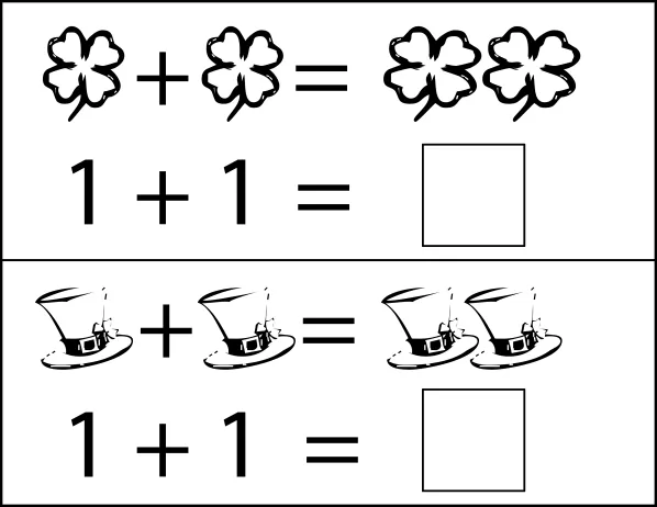 St. Patrick's Day Picture Addition Worksheet Number 7 Kindergarten students practicing addition with rainbows and shamrocks on a St. Patrick's Day math worksheet