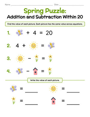 First grade student completing a St. Patrick Day addition and subtraction math puzzle worksheet