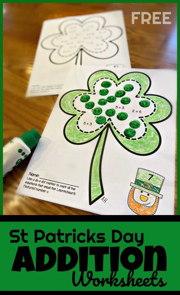 Engaging picture addition activity for kindergarten students celebrating St. Patrick's Day Children's St. Patrick's Day math worksheet featuring rainbows, shamrocks, harps, and sheep for addition practice