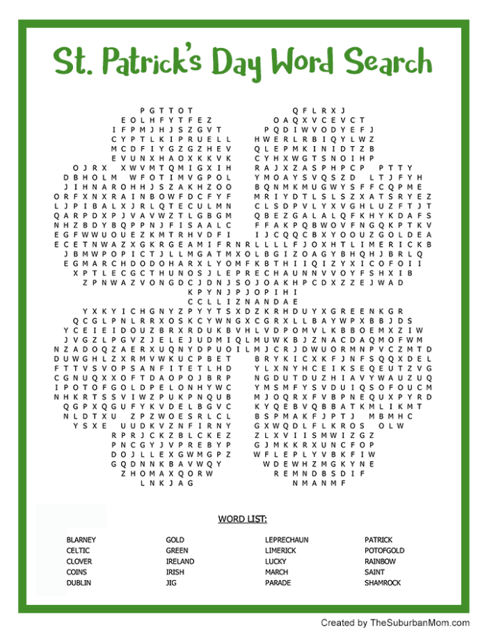 ALT text: Fourth grade student completing an advanced St. Patrick's Day word search puzzle with hidden words including shamrock and other holiday-themed vocabulary
