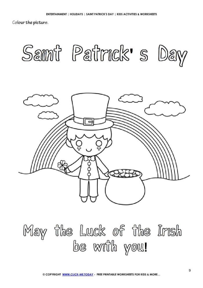 Kindergarten student working on a festive St. Patrick's Day color by number reading and art worksheet