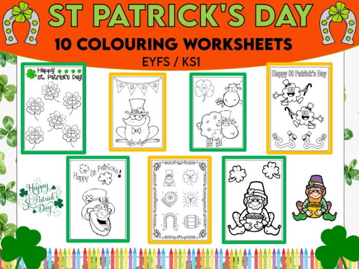 St. Patrick's Day themed coloring worksheet for kindergarten students featuring a color by number activity