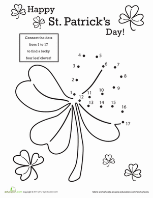 St. Patrick's Day Dot-to-Dot worksheet for kindergarten students, featuring numbers 1 to 46 to connect. Engaging connect-the-dots activity to promote counting skills up to 100.