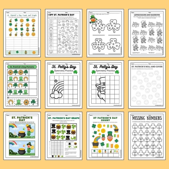 Colorful St. Patrick's Day math worksheet for kindergarten featuring pots of gold and coins. Engaging activity for young learners to practice counting and drawing.
