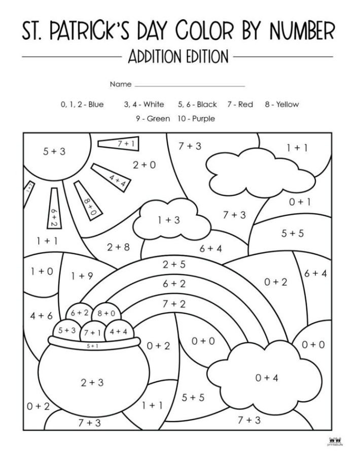 Colorful St. Patrick's Day math worksheet for kindergarten featuring pots of gold and coins. Fun educational activity titled 'Fill the Pots With Gold' for practicing counting and drawing.