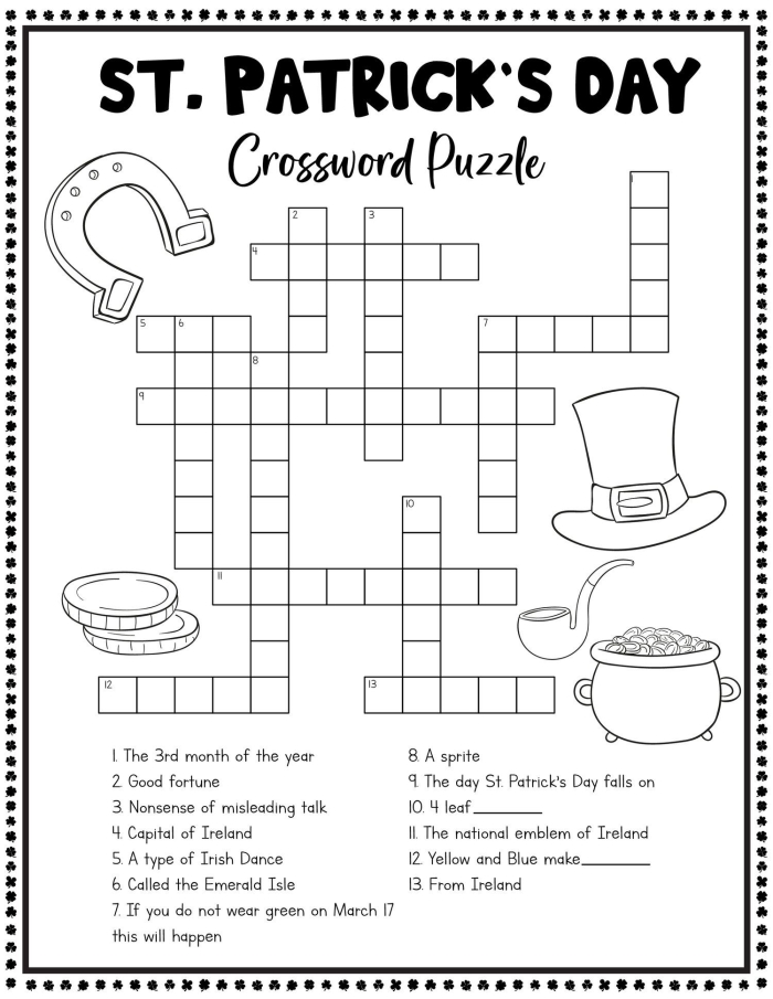 St. Patrick's Day Crossword Activity for Elementary Grammar Practice Second grade students solving a St. Patrick's Day themed crossword puzzle with green holiday graphics and word clues