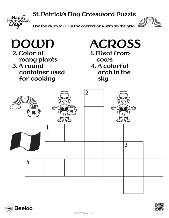 St. Patrick's Day themed crossword puzzle worksheet for second graders learning geometry