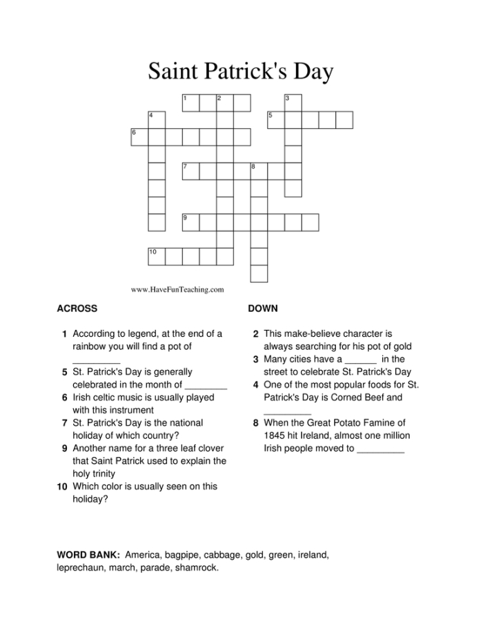St. Patrick's Day Crossword Activity for Young Learners Image 2 A second grade student completing a St. Patrick's Day crossword puzzle worksheet with green holiday-themed clues and answers