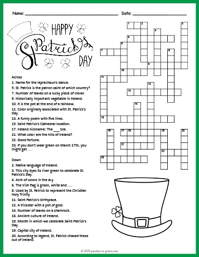 St. Patrick's Day themed crossword puzzle worksheet for second graders focusing on geometry vocabulary