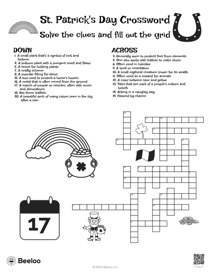 St. Patrick's Day Crossword Worksheet Number 4 Grammar and Mechanics Activity Second grade students practice grammar and mechanics by solving this St. Patrick's Day themed crossword puzzle worksheet