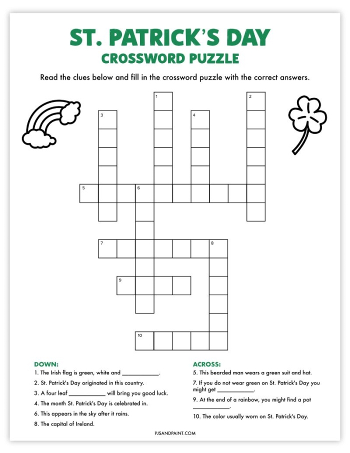 St. Patrick's Day Grammar Crossword Activity 17 for Young Learners Second grade St. Patrick's Day crossword puzzle worksheet with green holiday-themed clues and answers for grammar practice