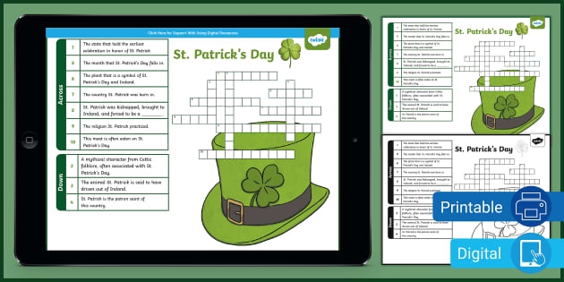 St. Patrick's Day crossword puzzle worksheet for second graders featuring fun facts and vocabulary building