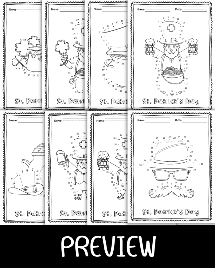 St. Patrick's Day dot-to-dot worksheet for first grade featuring numbers 1 to 77 for mixed operations practice