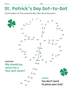 St. Patrick's Day dot-to-dot worksheet for first graders, featuring numbers 1 to 77 for counting practice