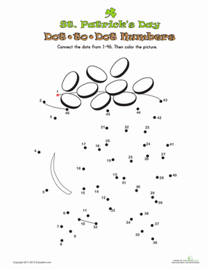 St. Patrick's Day connect-the-dots worksheet for counting from 1 to 46