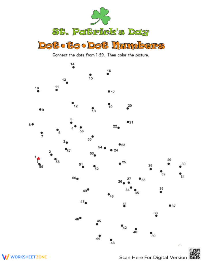 St. Patrick's Day connect-the-dots worksheet for counting from 1 to 46