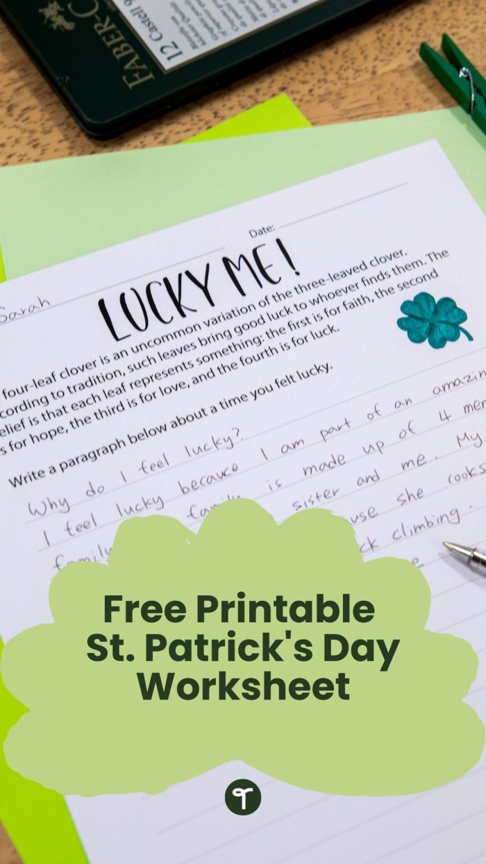 Fifth grade student reading a St. Patrick's Day fun facts worksheet about holiday history