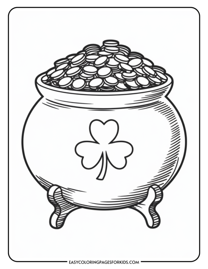 Kindergarten worksheet featuring a festive pot of gold coloring page for St. Patricks Day