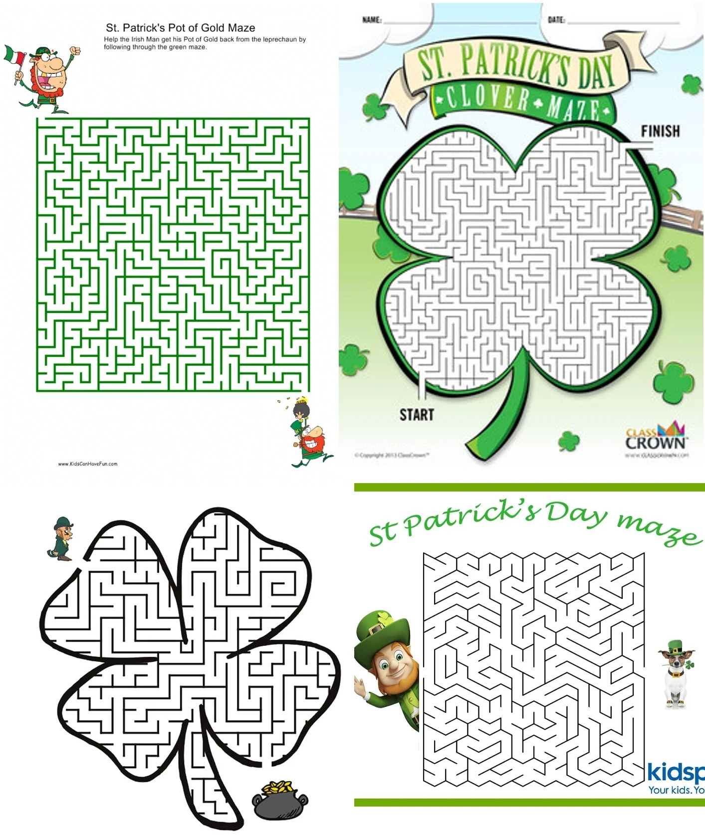First grade student worksheet featuring St. Patrick's Day mazes, holiday jokes, and an Irish flag coloring activity