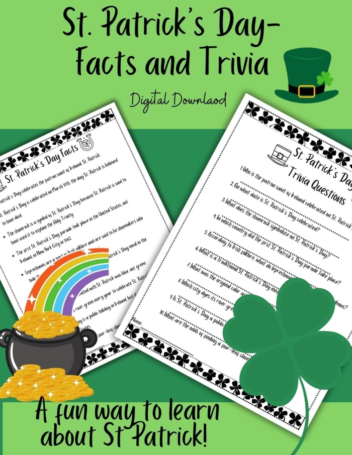 St. Patrick's Day Fun Facts worksheet designed for fifth graders exploring holiday history and imagery