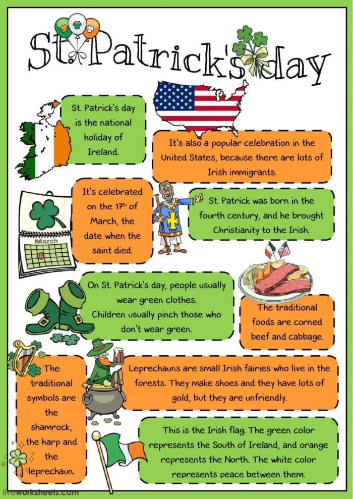 Fifth grade students reading St. Patrick's Day Fun Facts worksheet to learn about holiday history and symbols