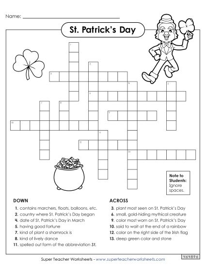 St. Patrick's Day-themed crossword puzzle worksheet for second graders focusing on geometry vocabulary