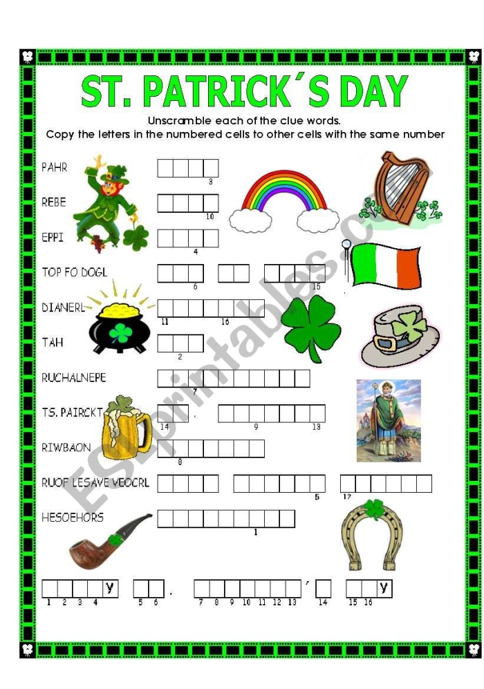 St Patrick's Day Holiday Crossword Activity for Elementary Students Image 8 Second grade St. Patrick's Day crossword puzzle with green holiday vocabulary words and clues for grammar practice