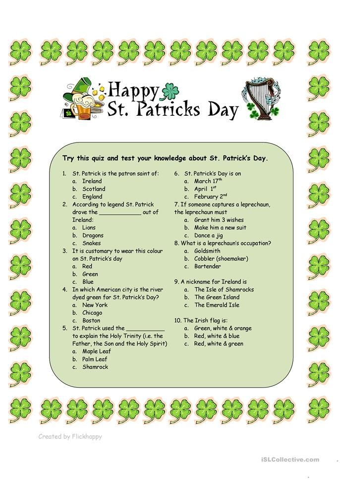 Fifth grade student completing a St. Patrick's Day trivia worksheet about Irish history and traditions