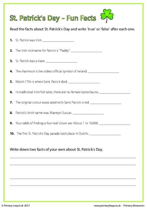 St. Patrick's Day Fun Facts worksheet for fifth graders exploring holiday history and symbols
