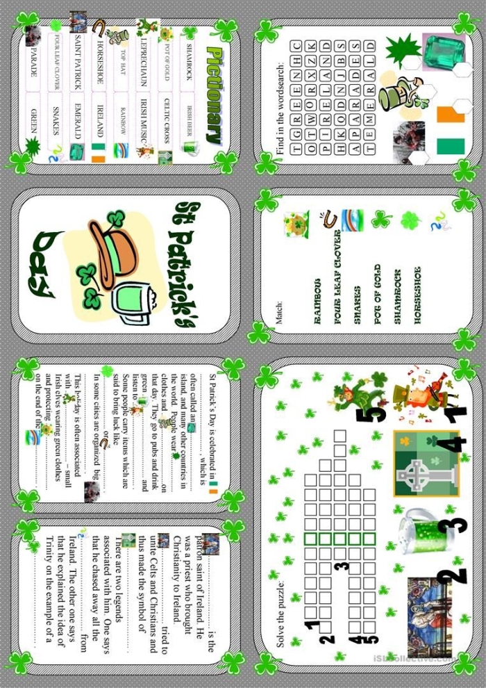 St. Patrick's Day Jokes worksheet for first graders with fun illustrations