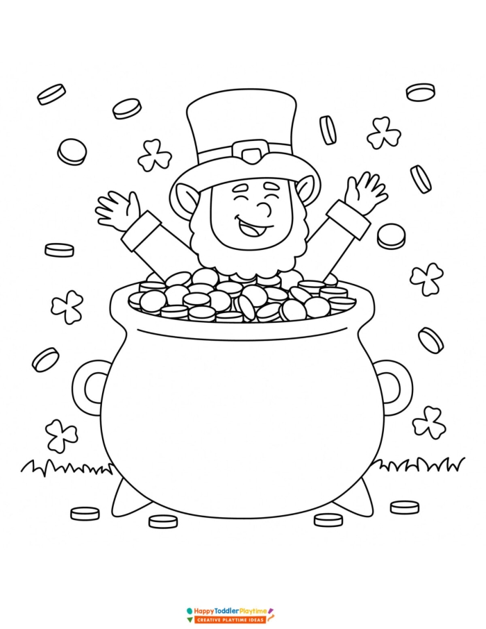 Colorful St. Patrick's Day worksheet featuring pots filled with coins for kindergarten math practice
