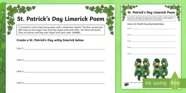 A fifth grade student filling out a St. Patrick's Day limerick writing worksheet with shamrock decorations
