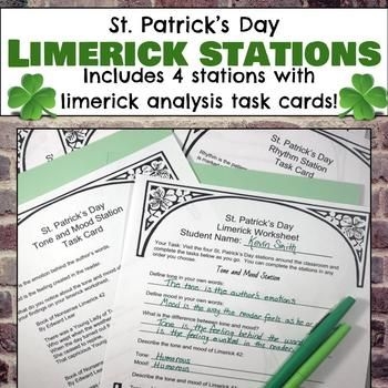 Fifth grade students practicing how to write a St. Patrick's Day limerick with a structured worksheet