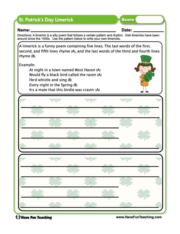 Fifth grade students using a guided writing worksheet to compose a themed St. Patrick's Day limerick poem