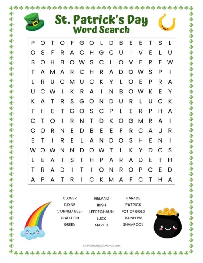 St. Patricks Day Word Search Worksheet Number 21 First grade St. Patrick's Day word search puzzle featuring holiday vocabulary words