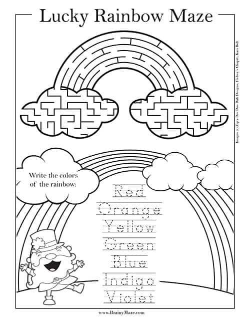 Kindergarten student solving a St. Patrick's Day rainbow maze worksheet numbered nine
