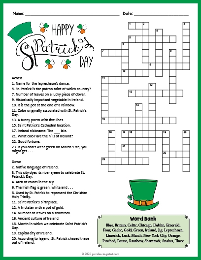 Second grade students solving a St. Patrick's Day crossword puzzle worksheet