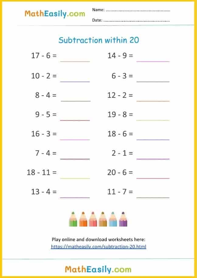 First grade math worksheet featuring St. Patrick's Day themed addition and subtraction problems within 20 for worksheet 24